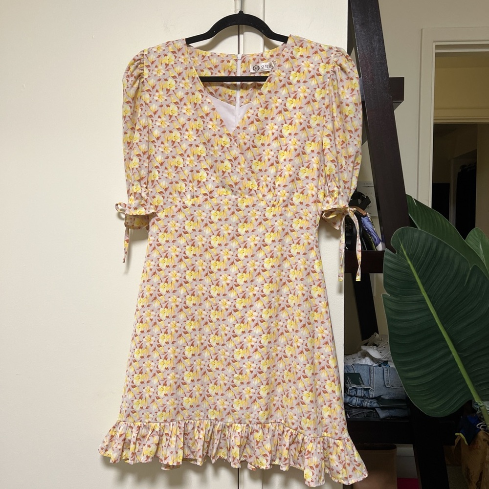 NWT - Yellow and pink floral with ruffles and princess sleeves mini dress